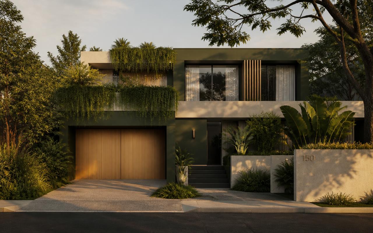 Fachada contemporânea de projeto LF Arquitetura e Interiores com vegetação e luz dourada